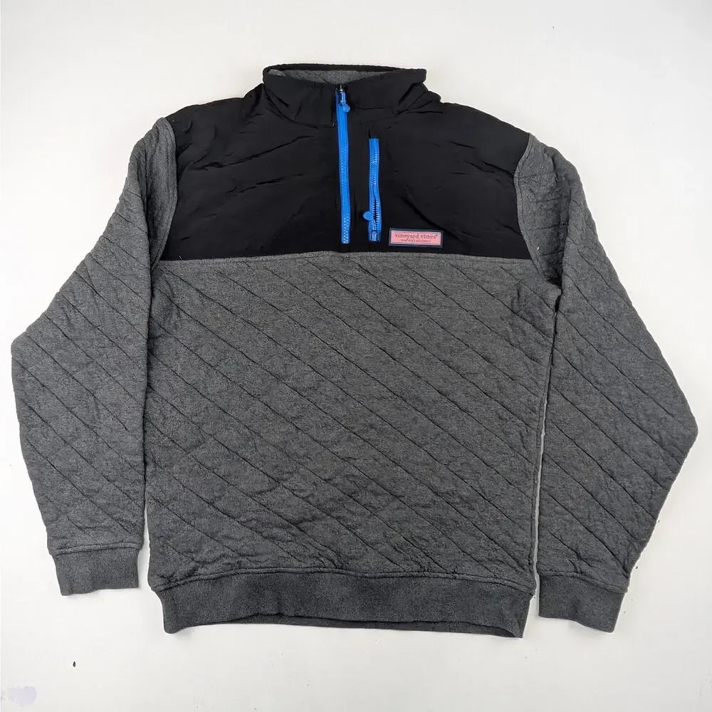 Vineyard Vines Men's Small Quilted Shep 1/4 Zip Pullover Black/Gray/Blue